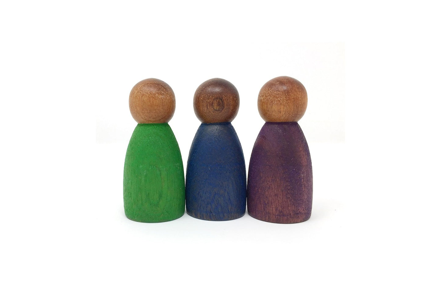 Drie donkerhouten Nins van Grapat in groen, blauw en paars