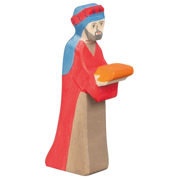 Holztiger Caspar in rood met schaal