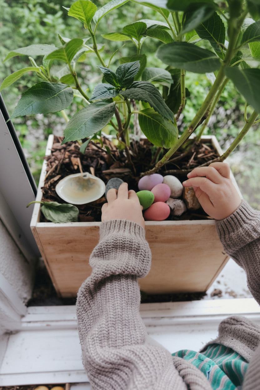 Kind legt Happy Eggs bij een nest in een plantenbak