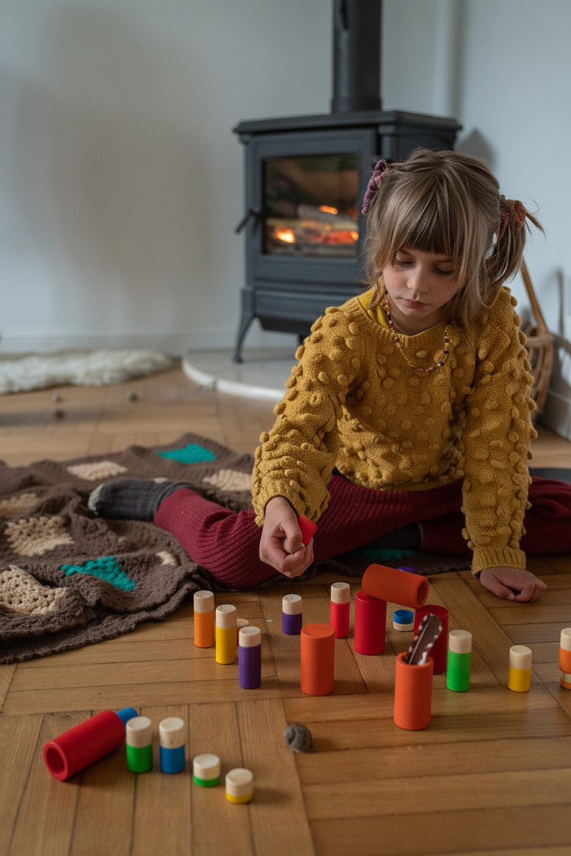 Kind speelt op de vloer met de kleurrijke LO vormen en buizen