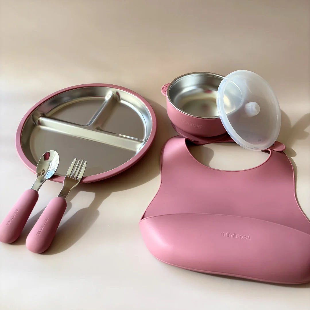 Mimimeal | RVS kinderservies set met siliconen rand en zuignap | Diverse kleuren