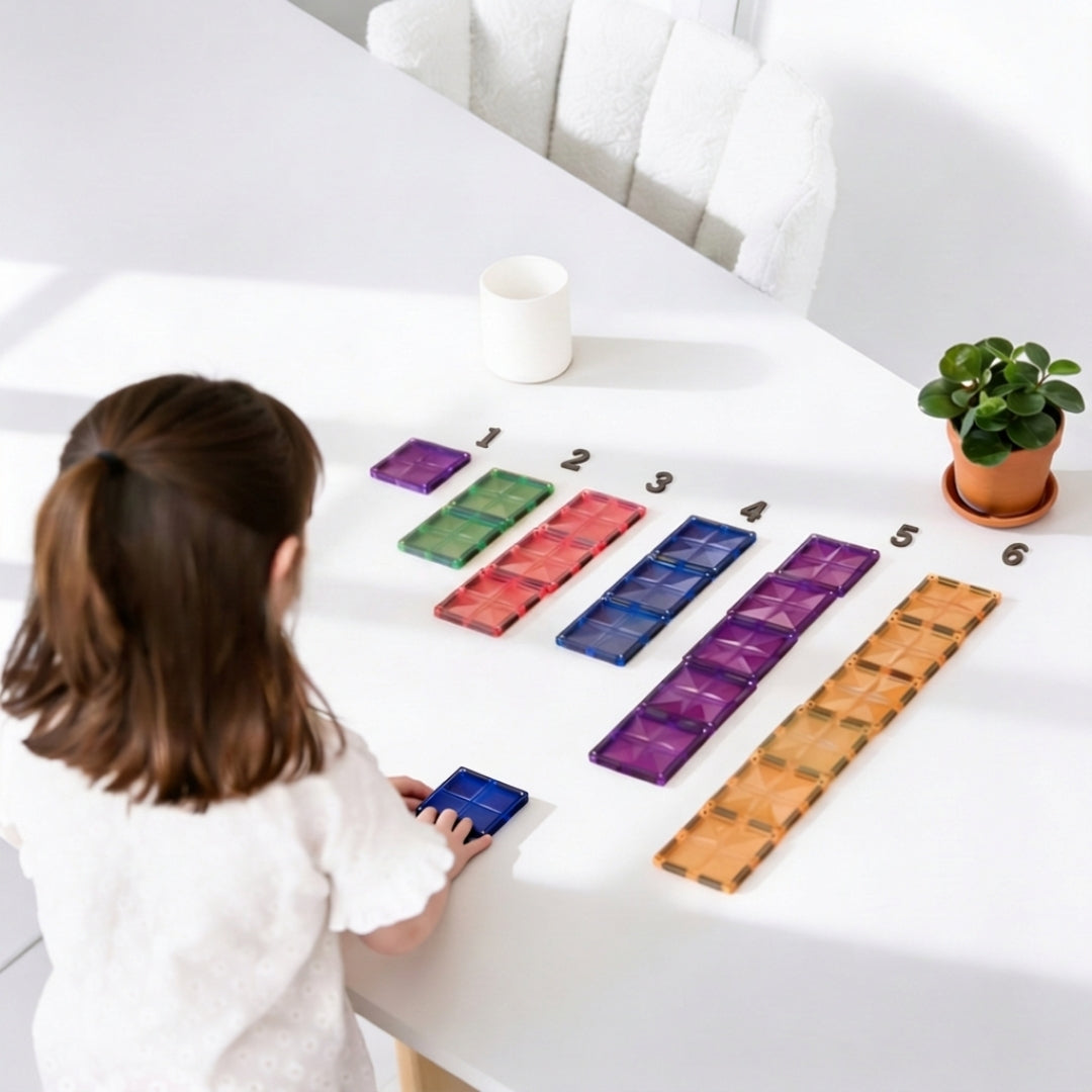 Kind legt Coblo Pastel tegels in rijen op tafel