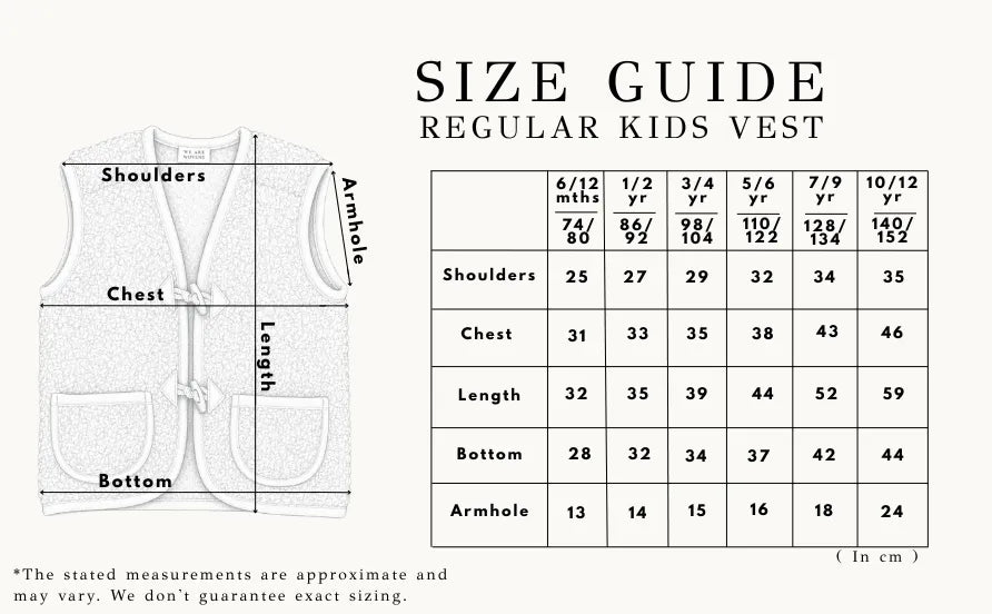 Maattabel kinderbodywarmers (maten 74/80 tot en met 140/152, in centimeters)