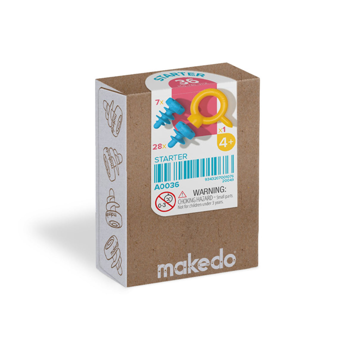 Kartonnen Makedo Starter Kit-verpakking met Scru en Mini-Tool op het etiket