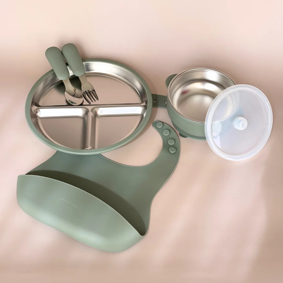 Mimimeal | RVS kinderservies set met siliconen rand en zuignap | Diverse kleuren