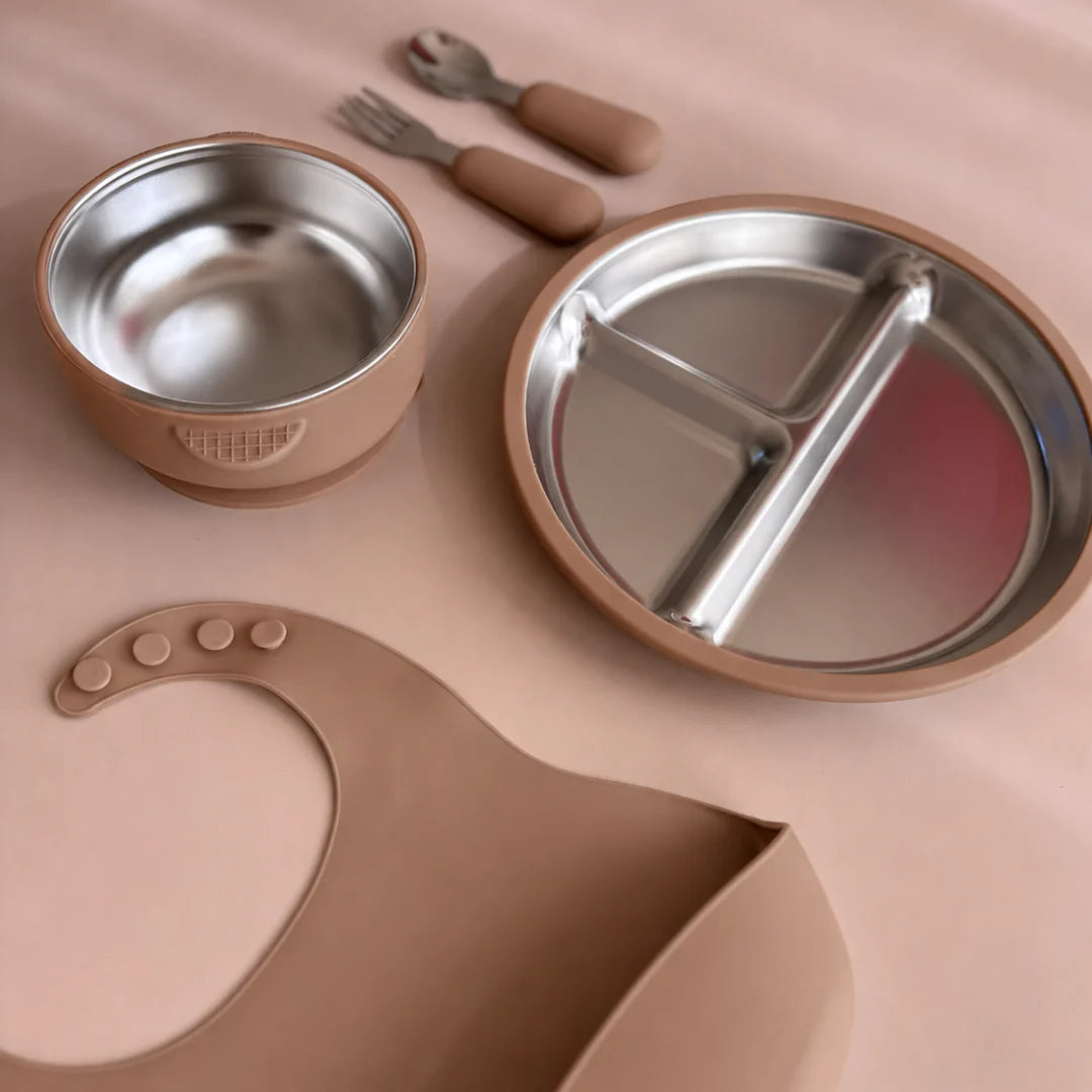 Mimimeal | RVS kinderservies set met siliconen rand en zuignap | Diverse kleuren