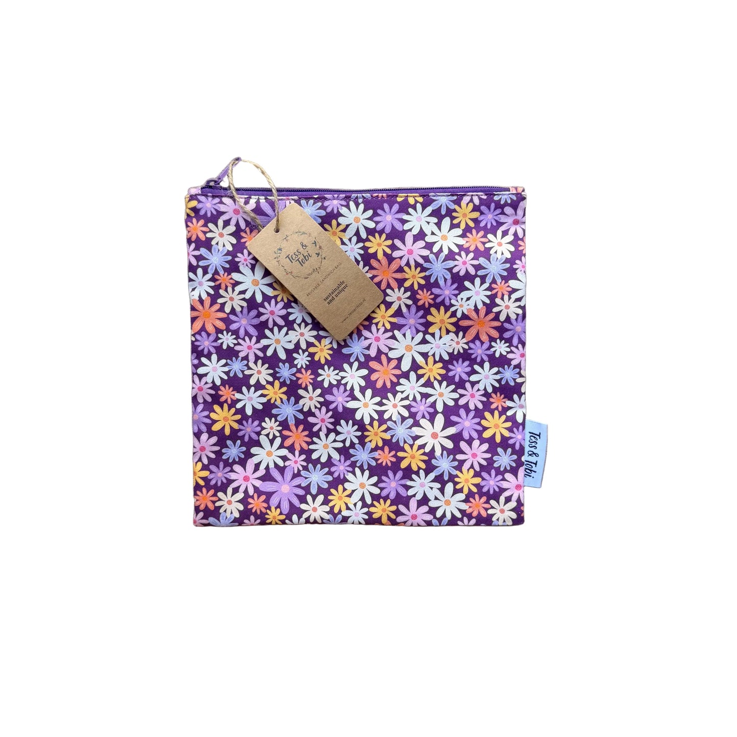 Tess & Tobi | Wasbaar boterhamzakje | 20 x 20 cm | Bloemen paars