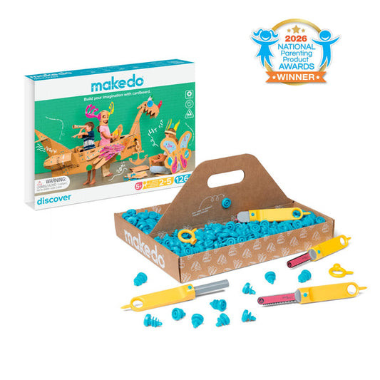 Makedo Discover Kit met verpakking, gereedschap en blauwe kartonschroeven