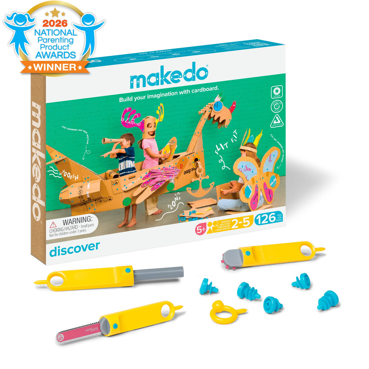 Makedo Discover Kit met doos, gereedschap en blauwe Scru ervoor