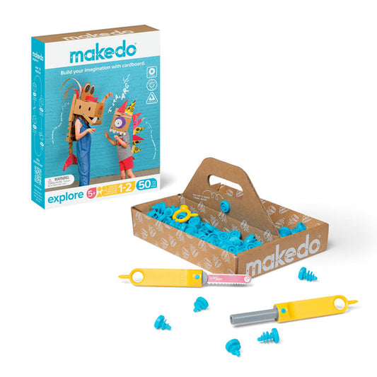 Makedo Explore Kit met verpakking, gereedschap en blauwe kartonschroeven