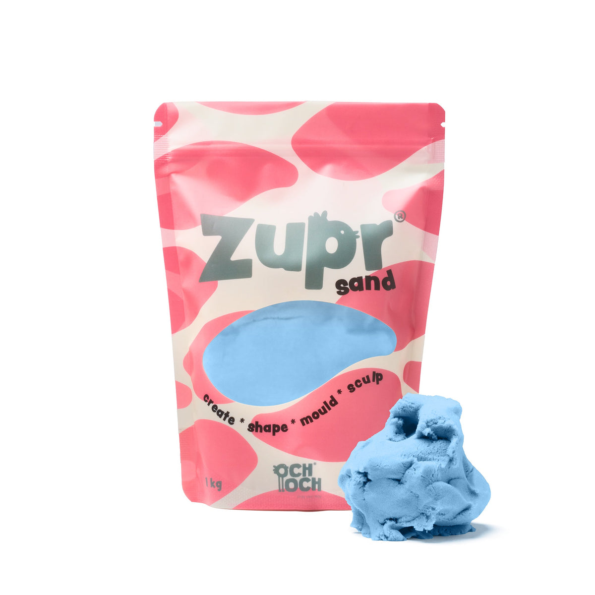 Zak Zupr Sand van 1 kg met blauw kinetisch zand, met ernaast een kluitje zand