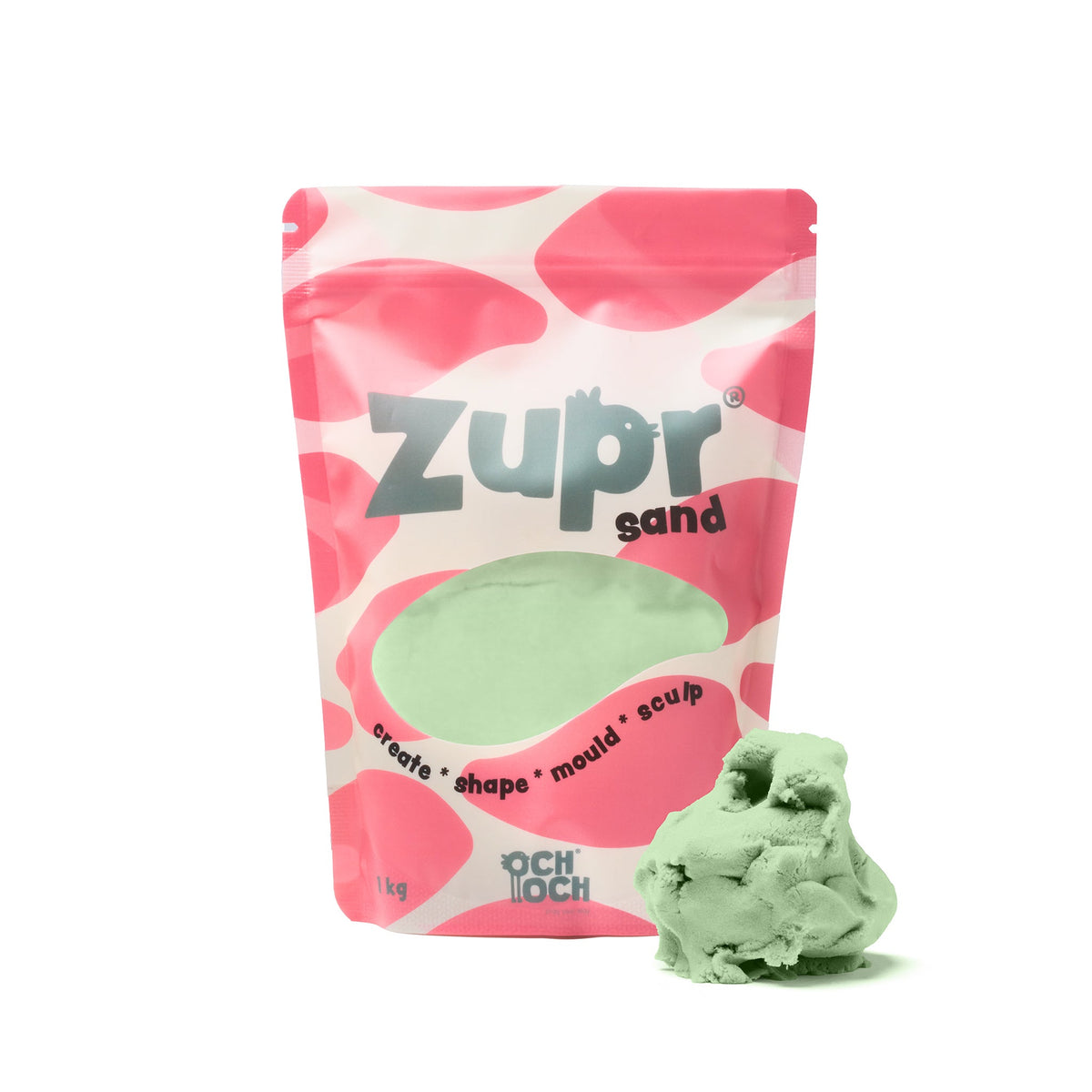 Zak Zupr Sand van 1 kg met groen kinetisch zand, met ernaast een kluitje zand