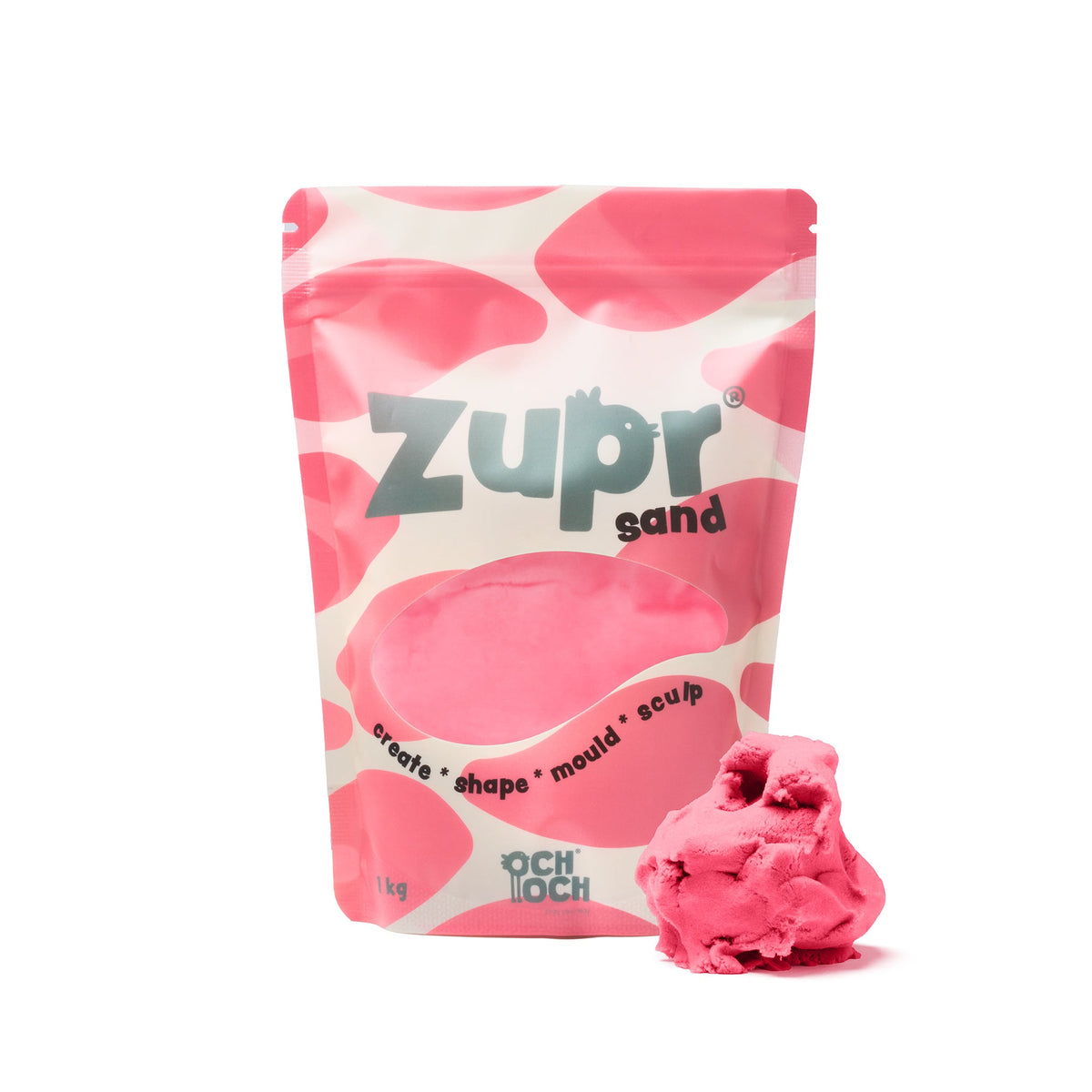 Zak Zupr Sand van 1 kg met roze kinetisch zand, met ernaast een kluitje zand