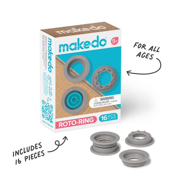 Verpakking van Makedo Roto-Ring met drie grijze ringen ervoor