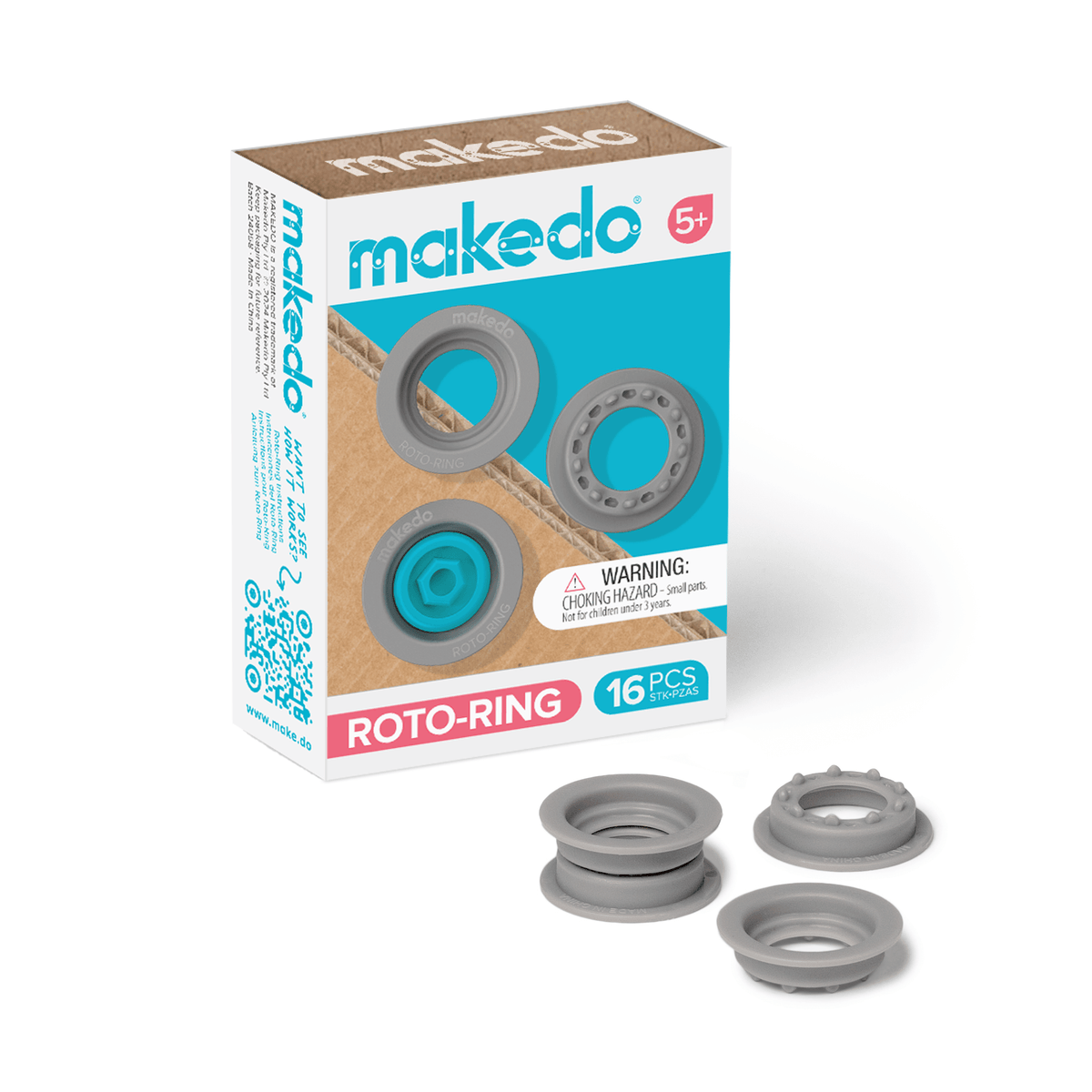 Makedo Roto-Ring-verpakking met drie grijze ringonderdelen ervoor