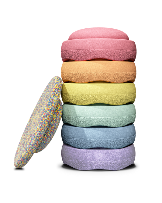 Stapelstein® | Rainbow set | Pastel | 6 stuks + balansboard Confetti