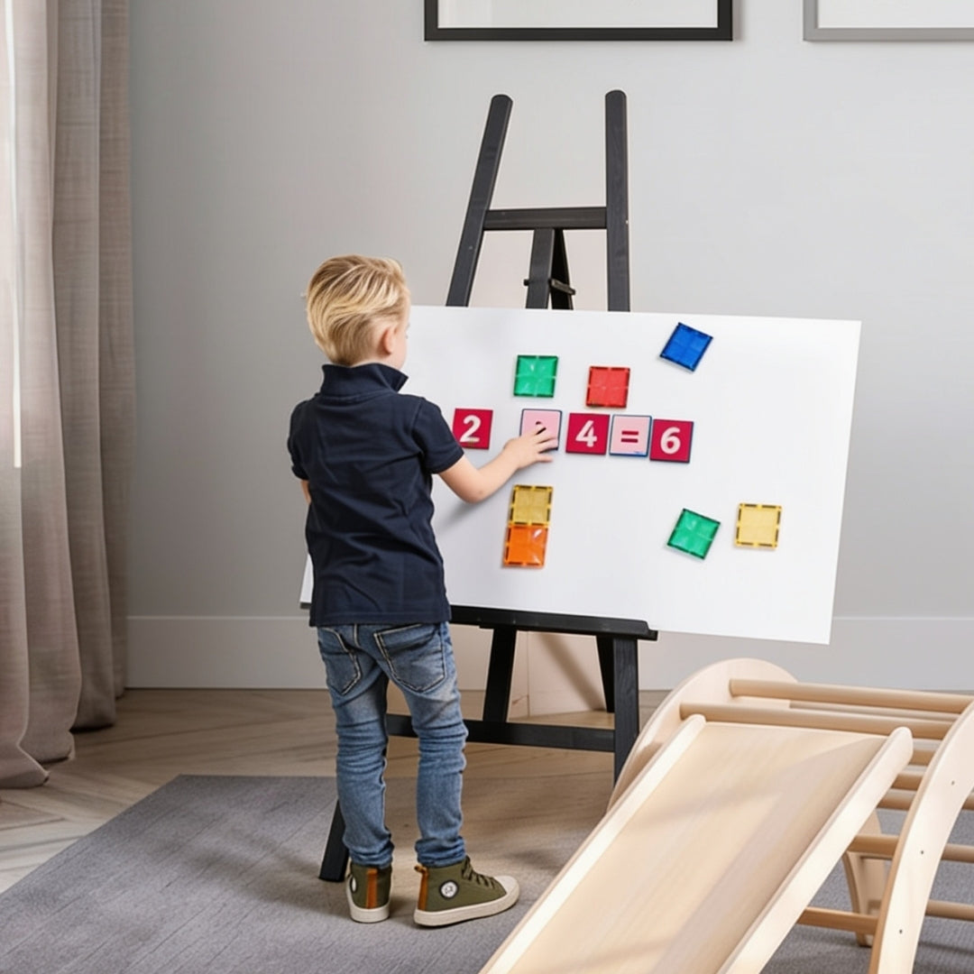 Kind maakt een som met Coblo-cijfertoppers op magnetische tegels