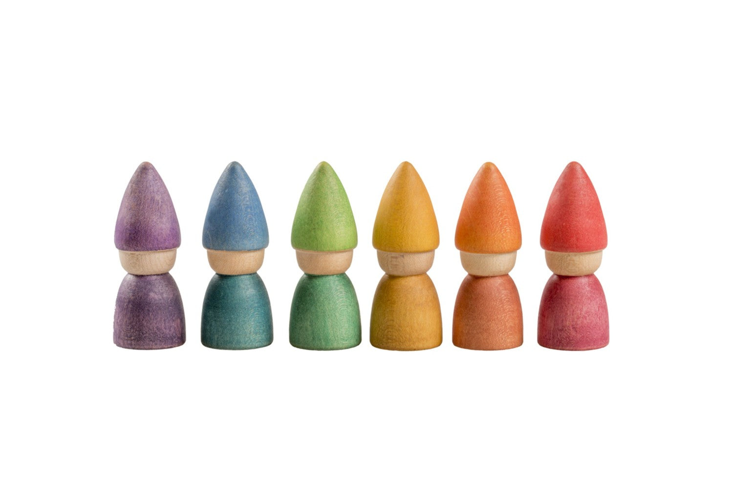 Detail van zes Rainbow Tomtens in regenboogkleuren