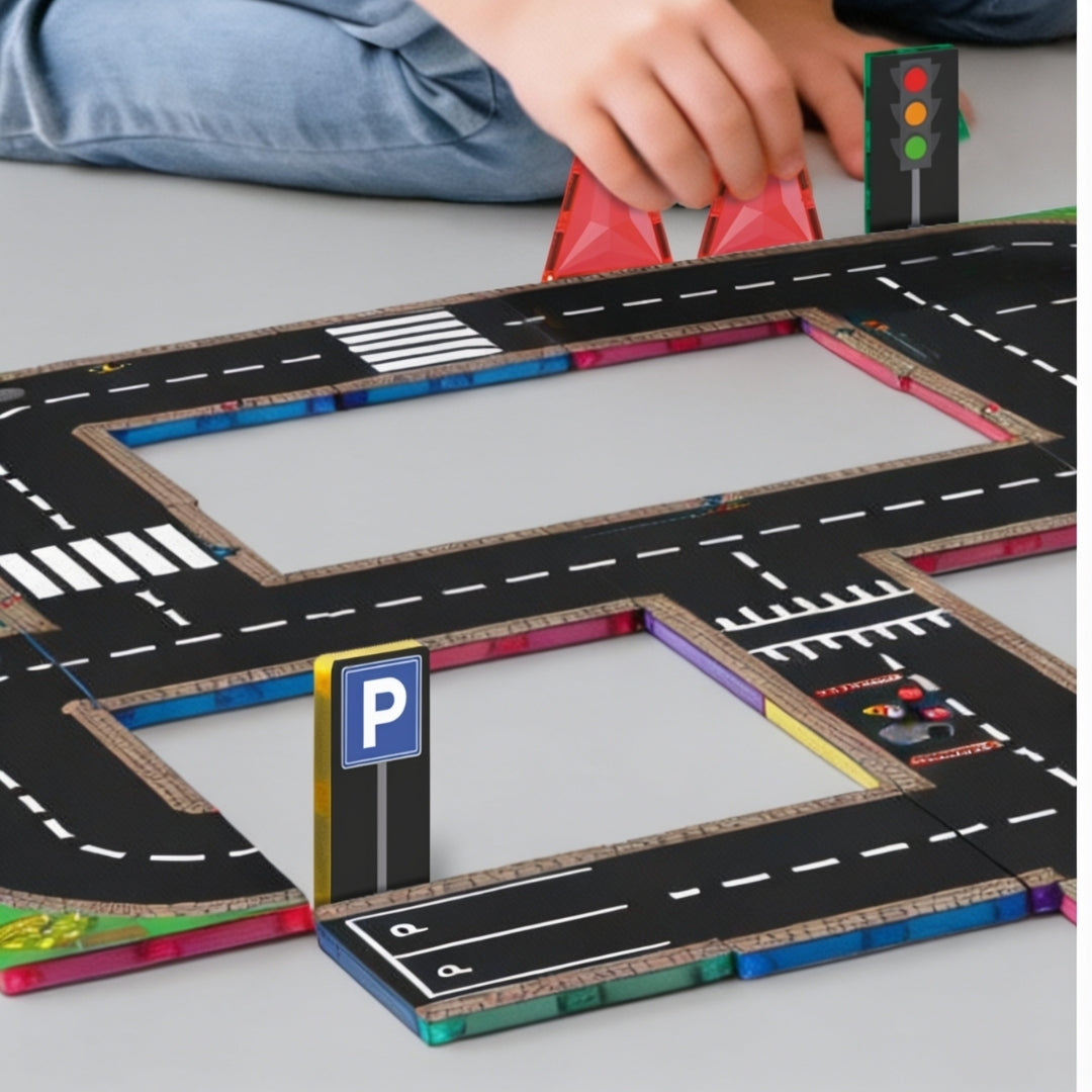 Coblo-wegentoppers met zebrapaden, parkeerplaatsen en verkeersborden